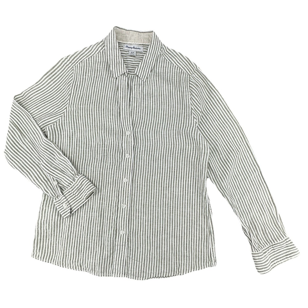 Tommy‎ Bahama Women's Linen Blend Button Front Shirt Small Green White Striped